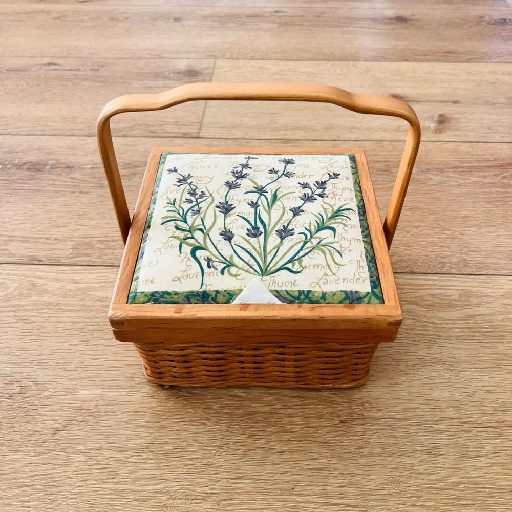 Vintage Woven Wicker Sewing Basket Lavender Thyme Botanical Print Wood Trim Box